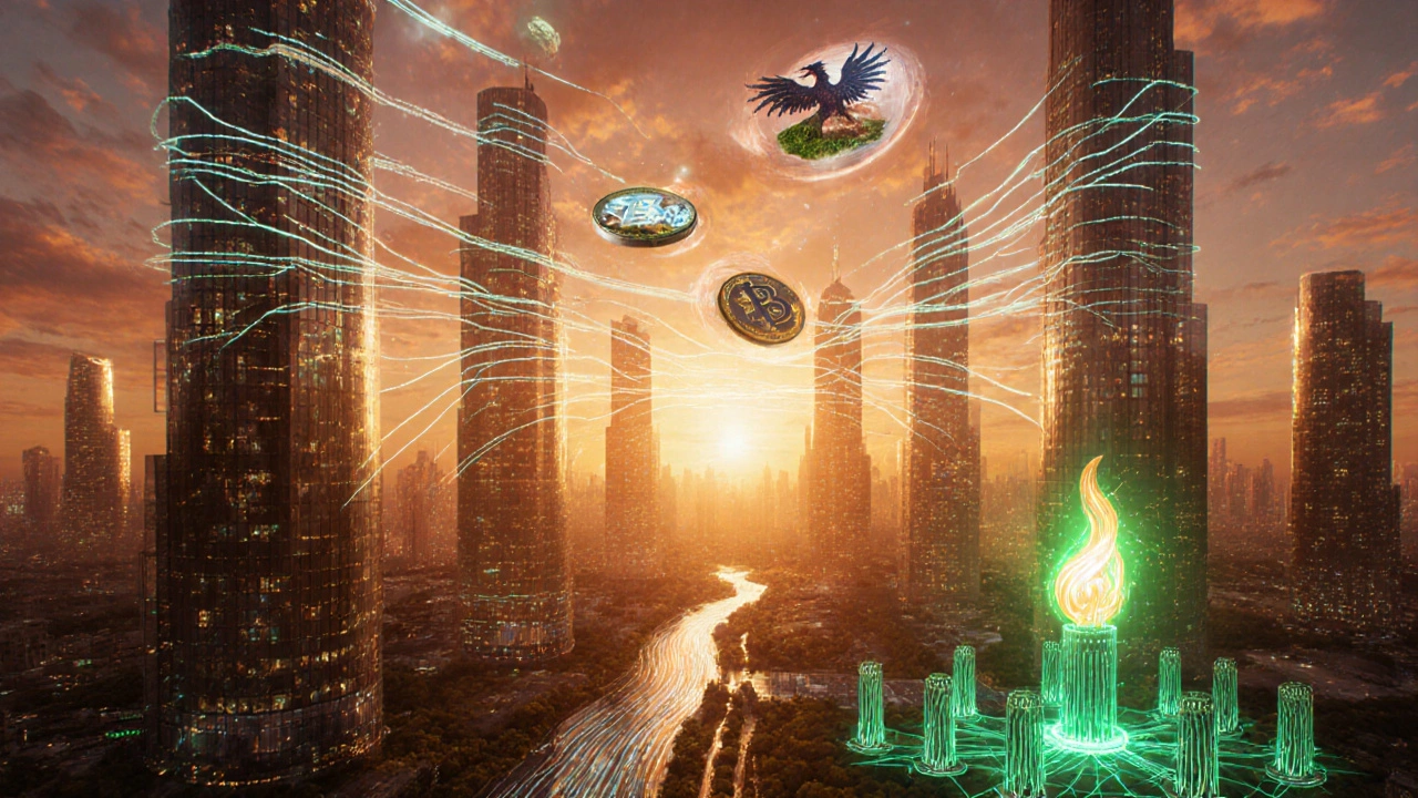 Arte conceptual de una ciudad futurista con ríos de tokens, NFTs flotantes y fuego de quema.