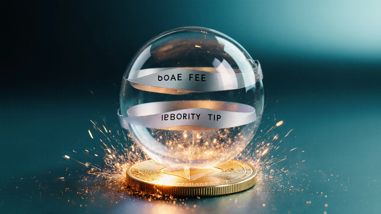 Render 3D que muestra una moneda dividida en capas: base fee quemado, tip y tarifa máxima.
