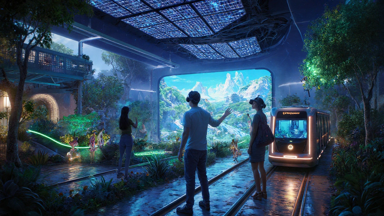 Área "Virtual Quest" con tecnología mixta, paneles solares y transportes eléctricos.