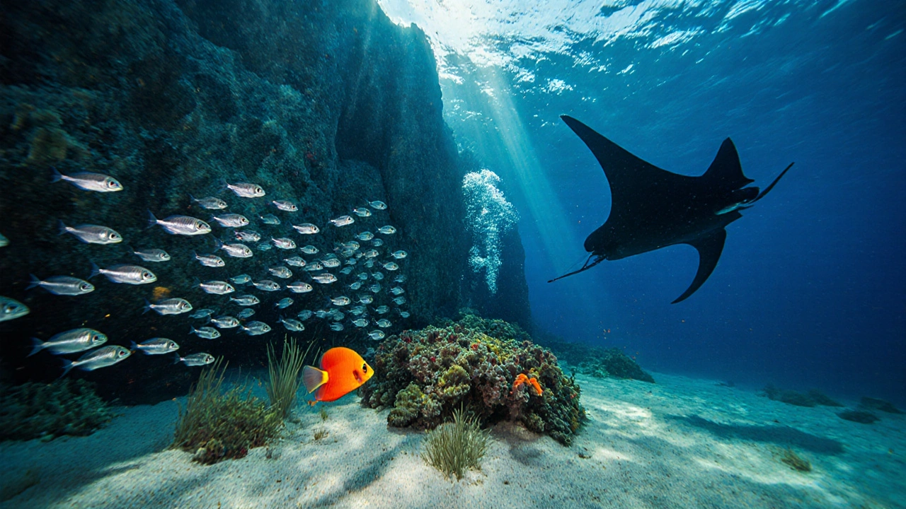 Buceador junto a una manta y peces coloridos en Illes Medes.