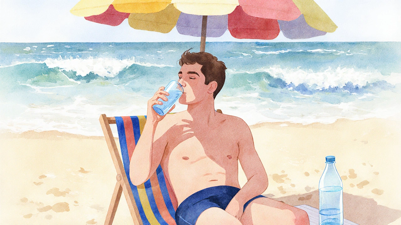 Buzo hidratándose en la playa, bebiendo agua bajo una sombrilla, sin bebidas alcohólicas.