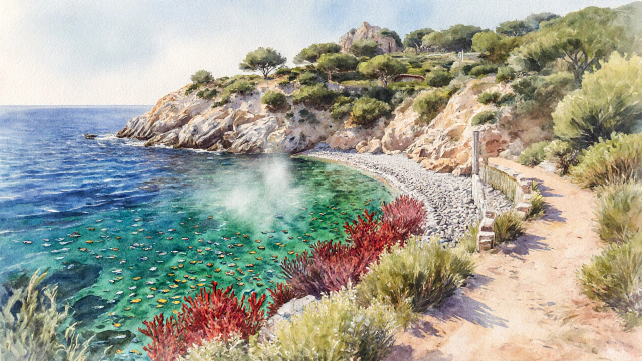 Cala Montgó con arrecifes rojos, bancos de peces y sendero señalizado desde Begur.