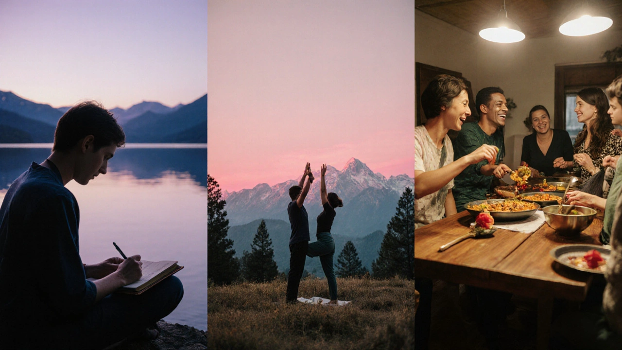 Collage de tres escenas: viajero solo escribiendo, pareja haciendo yoga y grupo cocinando en Tailandia.