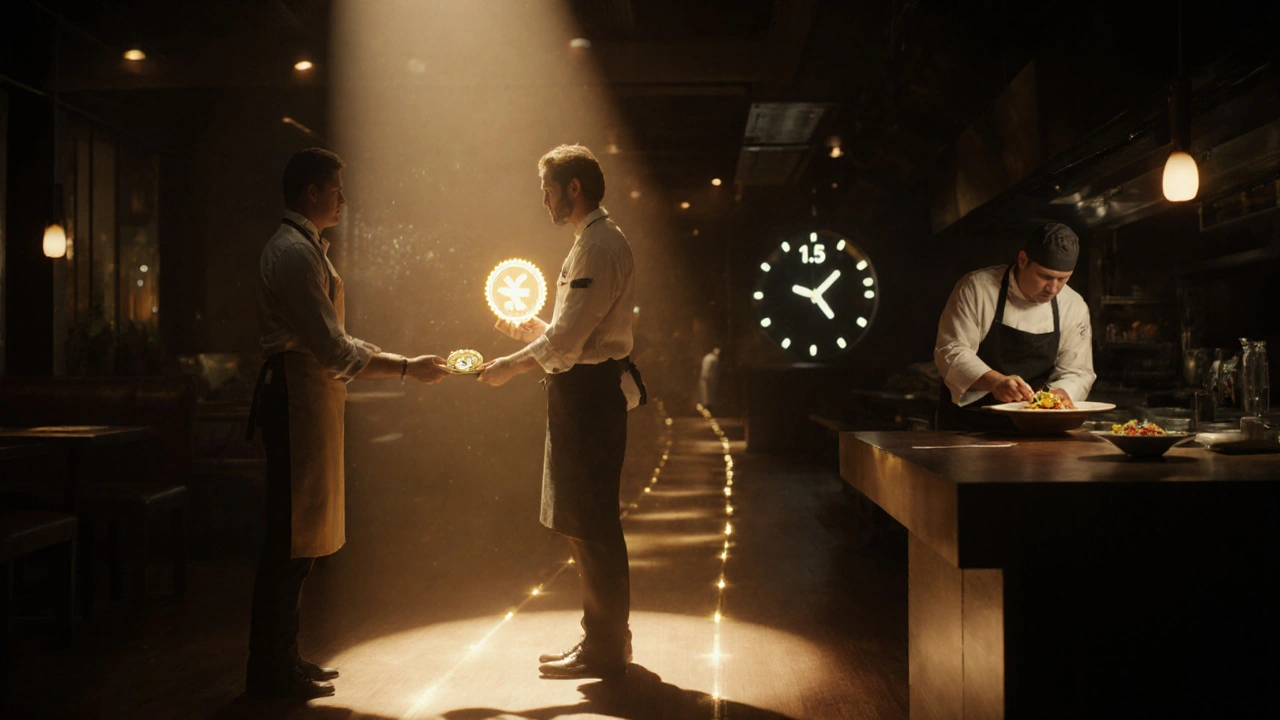 Escena cinematográfica muestra a un asistente recibiendo certificación y avanzando a puesto de chef.