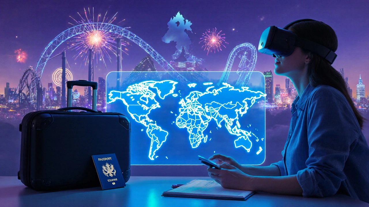 Escena conceptual de un viajero planificando un viaje a parques temáticos con hologramas futuristas.