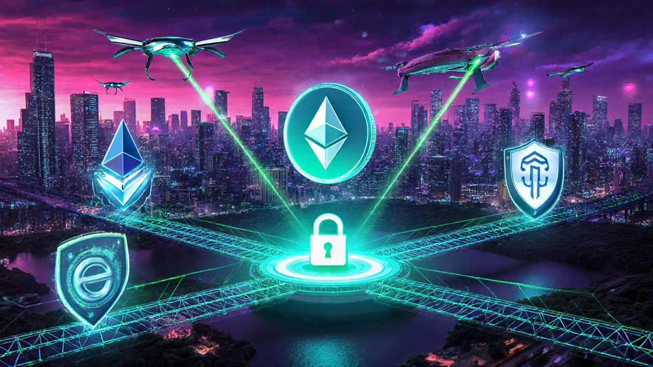 Escena futurista con seguros, auditorías en tiempo real y puentes cross‑chain para IDO seguros.