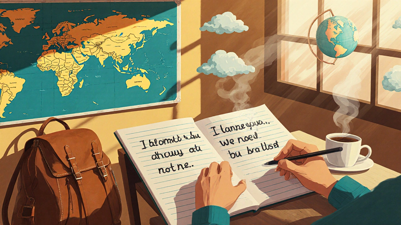 Escritor en café creando frase de viaje, mapa y mochila al fondo en estilo retro.