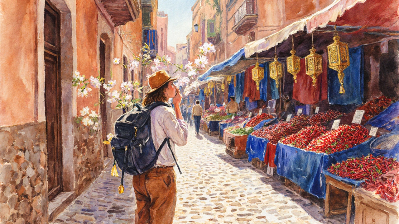 Explorador observando una calle empedrada en Granada que se funde con un mercado de Marrakech.