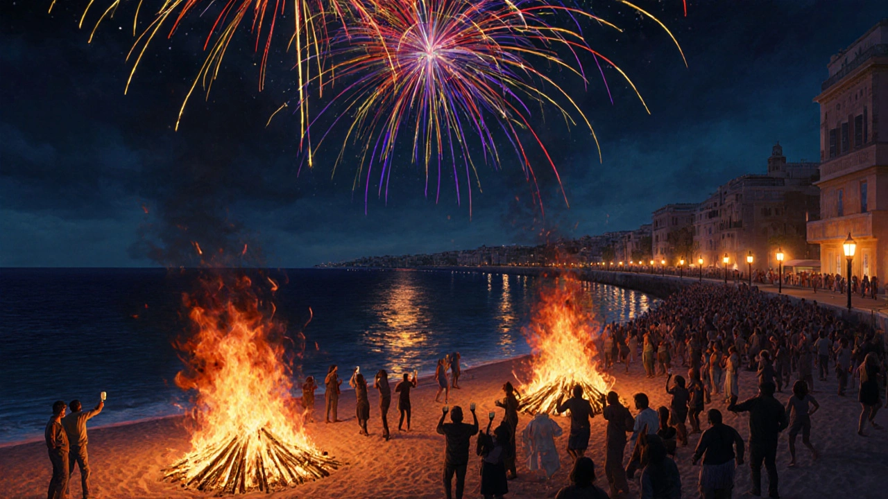 Fiesta de la Sant Joan en la costa con hogueras y fuegos artificiales.