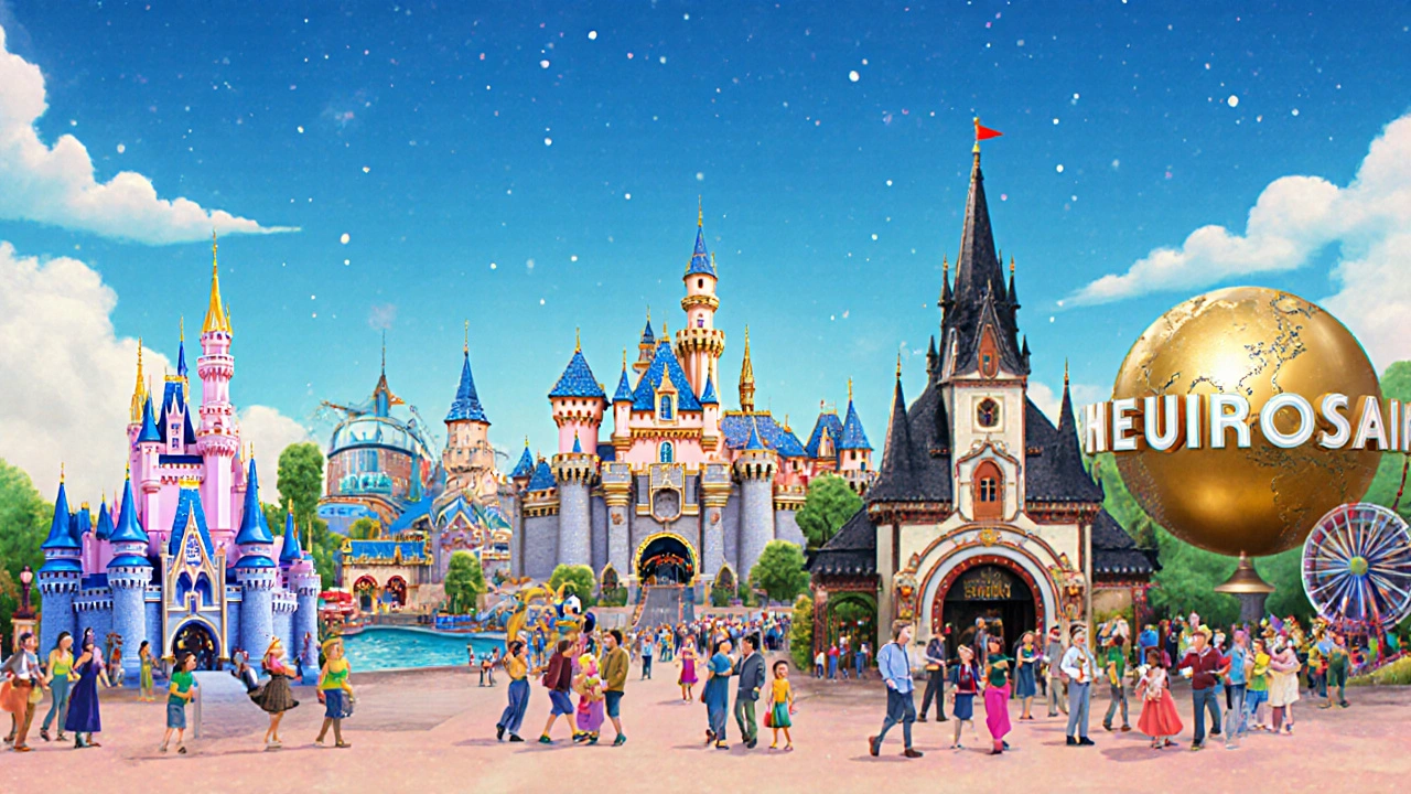 Ilustración de los cinco parques más visitados mostrando sus icónicos castillos y atracciones.
