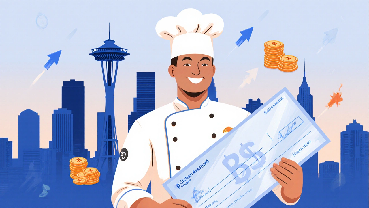 Ilustración muestra asistentes de cocina con cheque de paga frente a siluetas de ciudades.