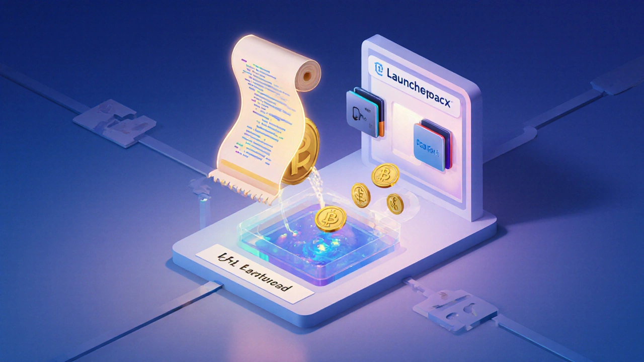 Ilustración que muestra los pasos de un IDO: contrato inteligente, launchpad, usuarios y pool de liquidez.