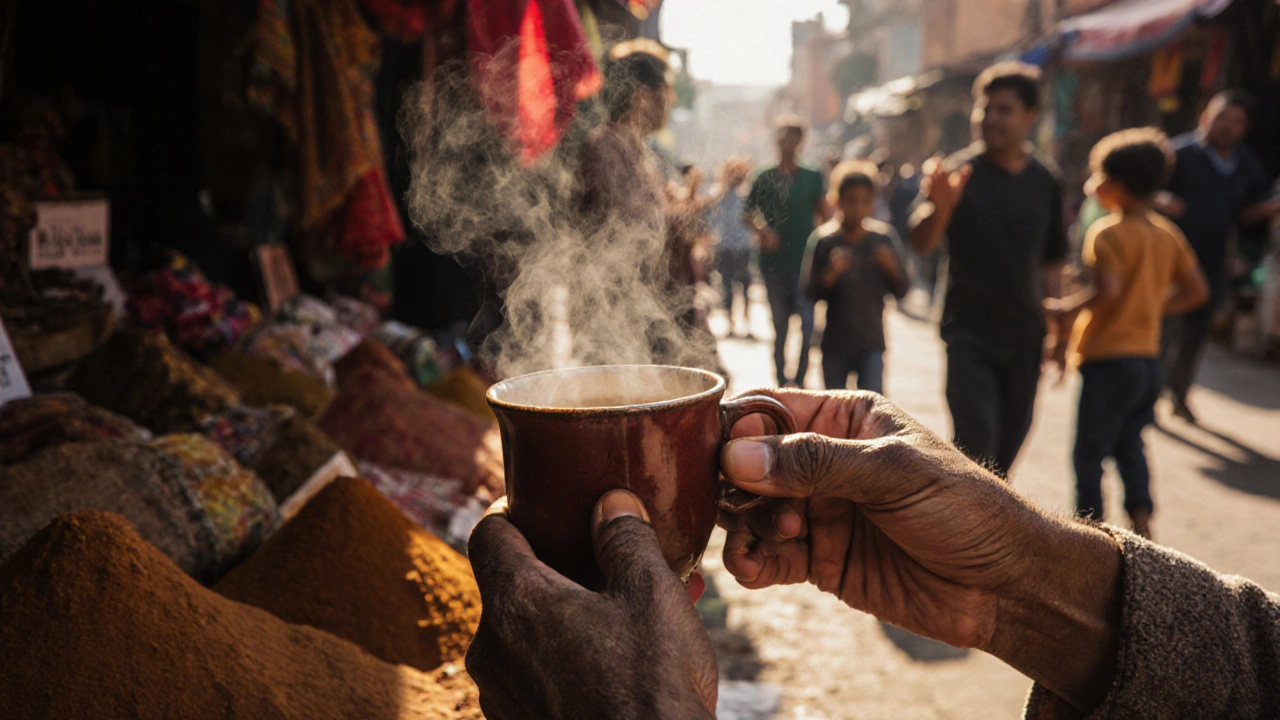 Manos sosteniendo una taza de té desconocido en un mercado marroquí lleno de especias y telas coloridas.
