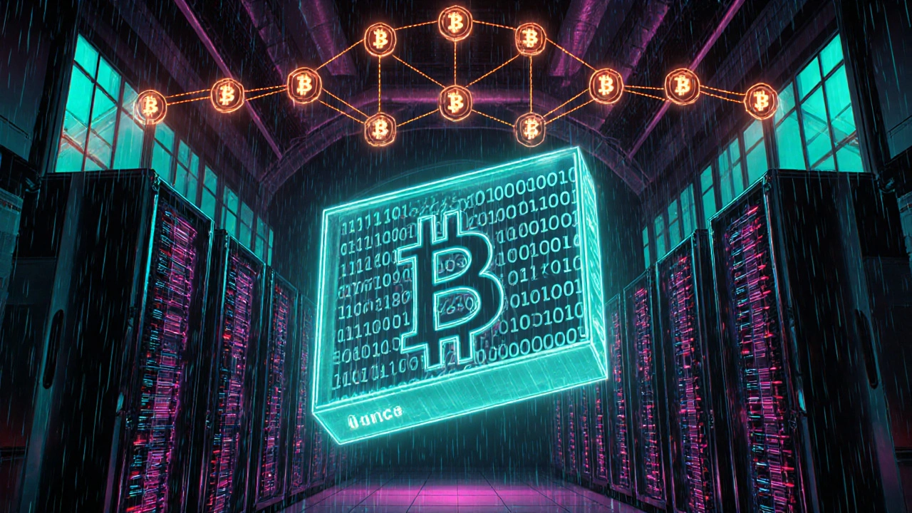 Mineros de Bitcoin ajustando un nonce mientras un bloque muestra su hash en una cadena de bloques.