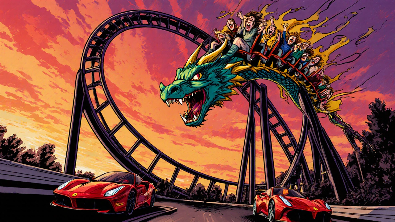 Montaña rusa Dragon Khan en acción, con pasajeros y coches de Ferrari al fondo.