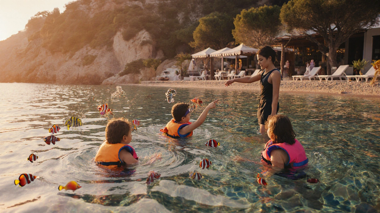 Niños snorkeando en aguas poco profundas de Cala Sa Boadella, rodeados de vida marina.