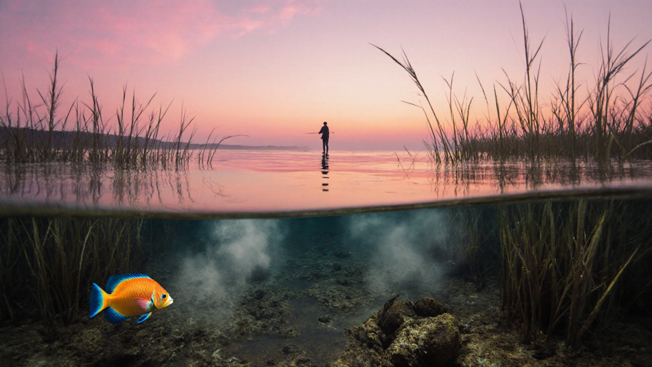 Amanecer en el estuario de l’Aiguamolls, con peces únicos nadando en aguas dulces y saladas bajo cielo rosado.
