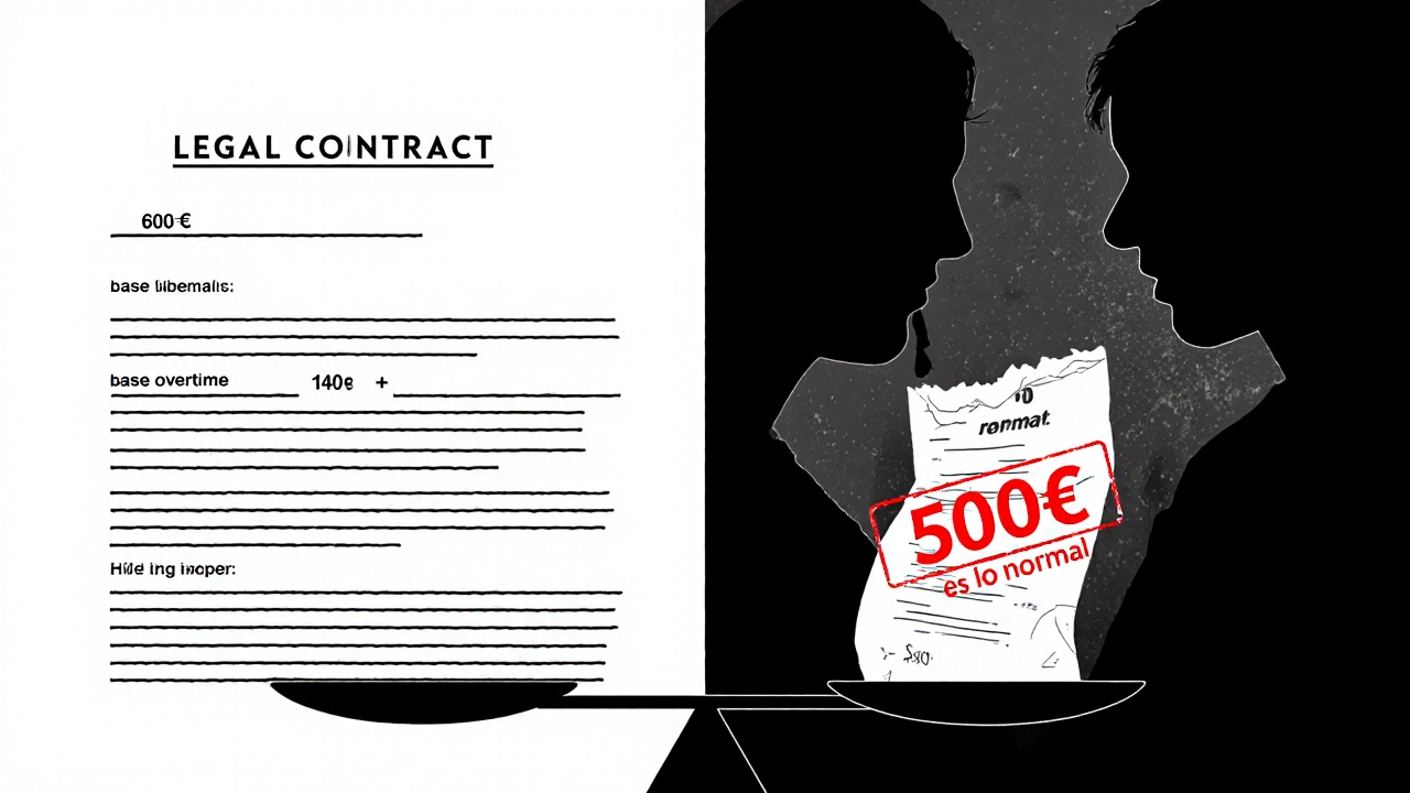 Balanza simbólica entre salario legal y pago irregular, con contratos y recibos desiguales en luz dramática.