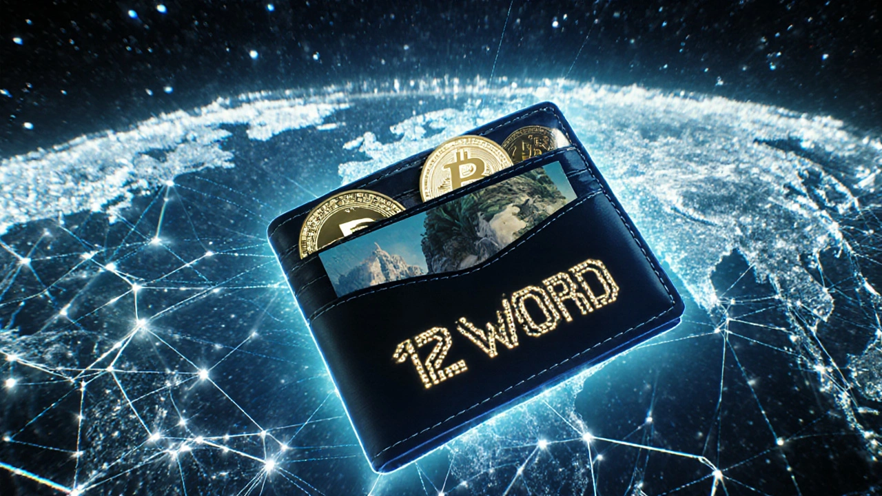Billetera digital flotante con NFTs, tokens y frase de recuperación brillante, rodeada de contratos inteligentes.