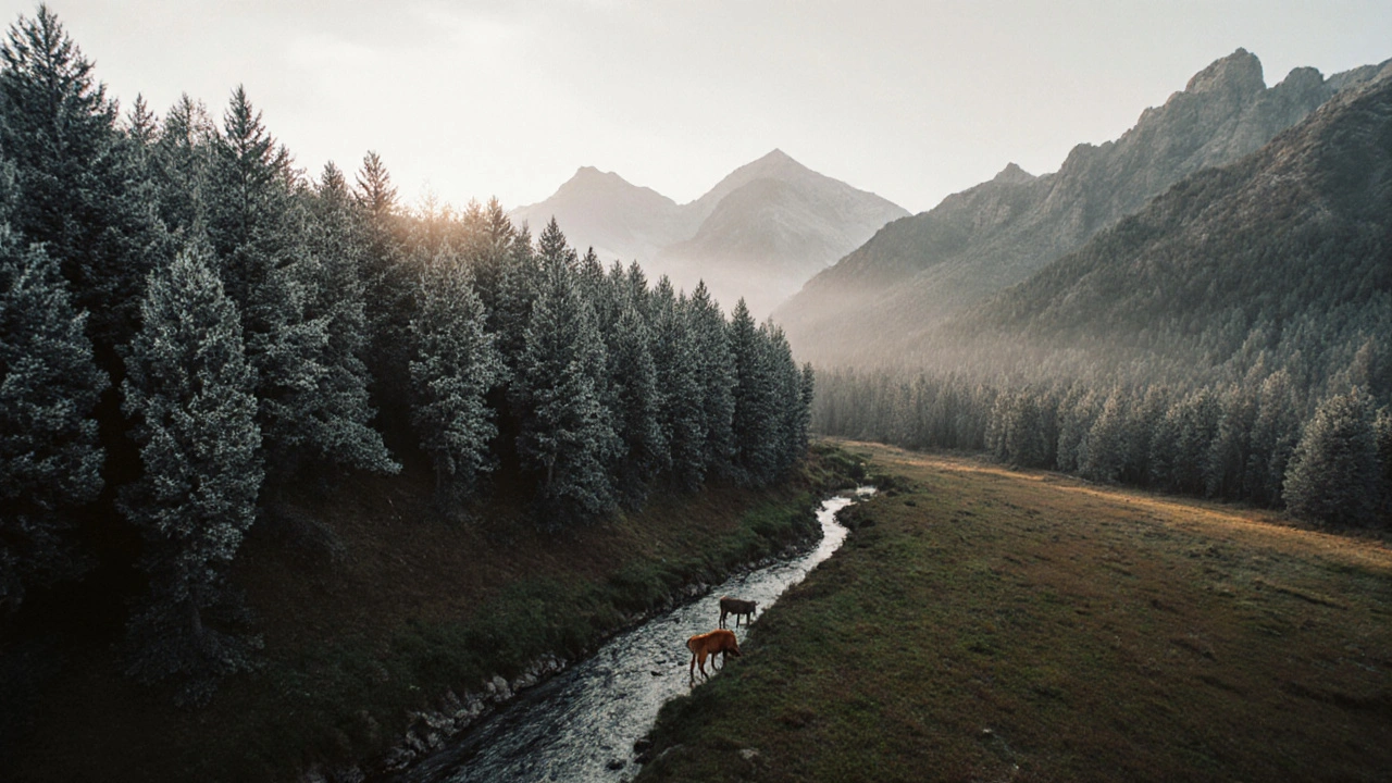 Bosque de abeto blanco en Sierra de las Nieves con ciervo al amanecer.