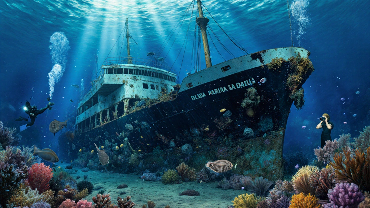 Buceador explorando el naufragio de la María de la Salud, rodeado de peces y corales.