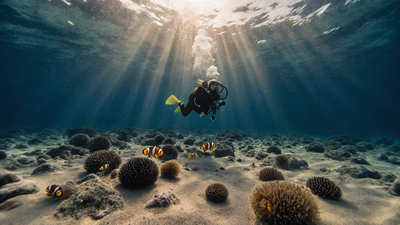 Buceador principiante flotando sobre anémonas con peces payaso en Cala Montjoi al atardecer.