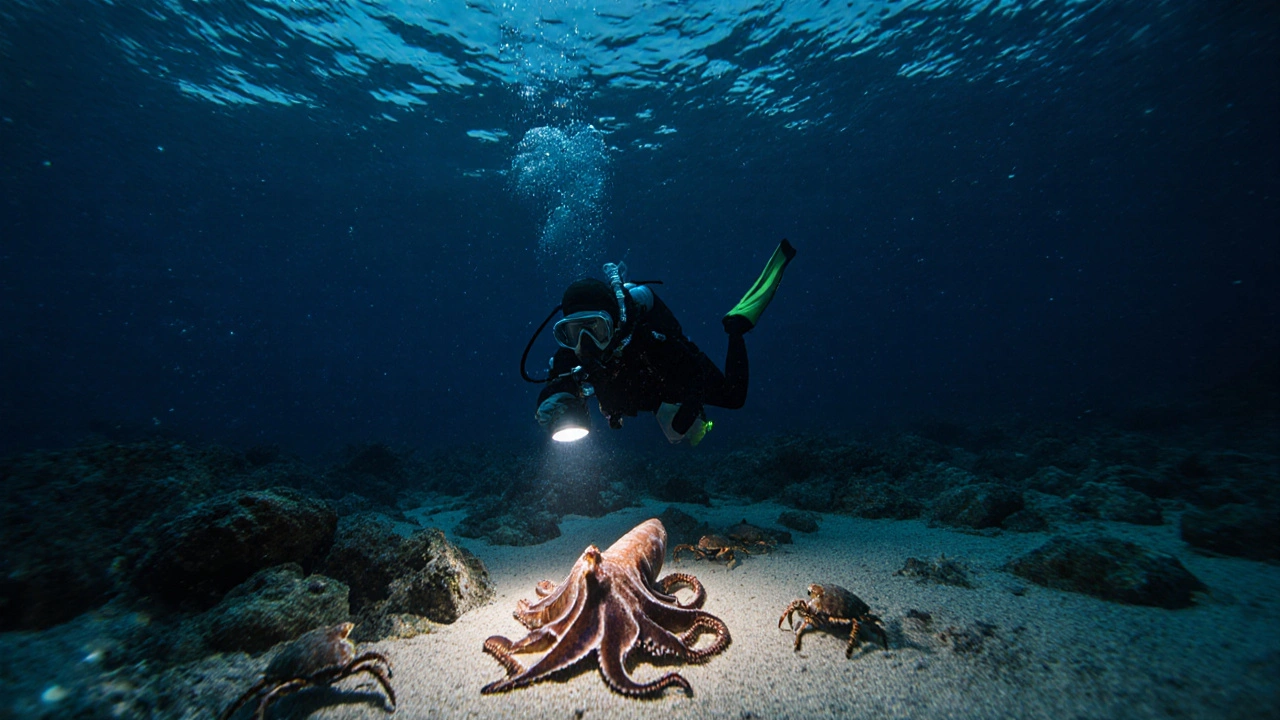 Buceo nocturno con un pulpo camuflándose en las rocas y cangrejos ermitaños en la Cala Jóncols, Costa Brava.