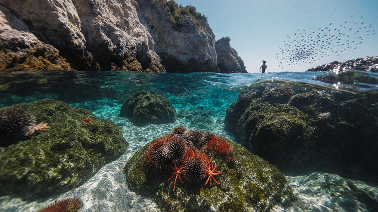 Cala oculta de Racó de l’Olla con algas, erizos y estrellas de mar en aguas transparentes, sin presencia humana.