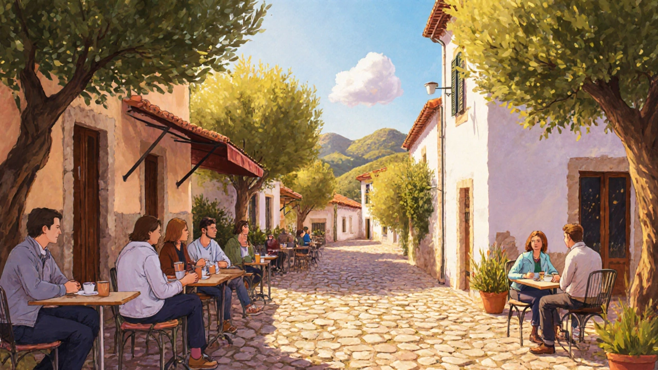 Calle de pueblo mallorquín en otoño, con gente en terrazas y sol cálido entre olivos.