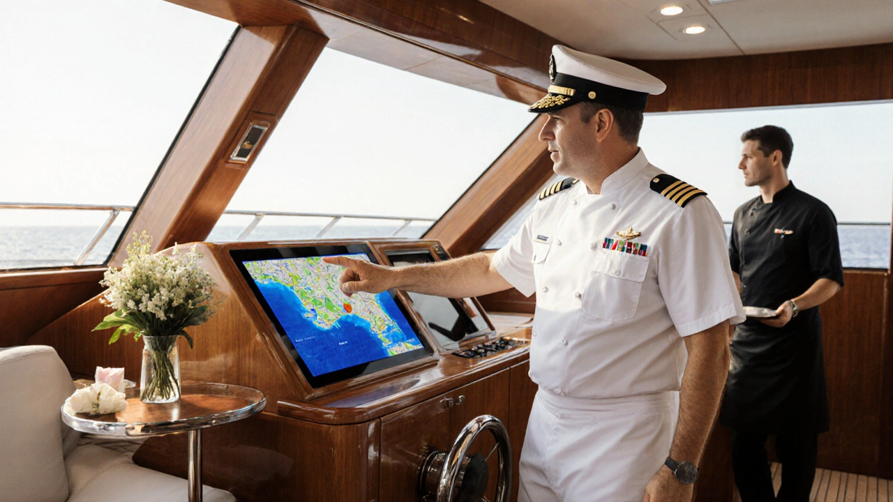Capitán coordinando operaciones a bordo de un yate de lujo, hablando con un chef y mirando un mapa.