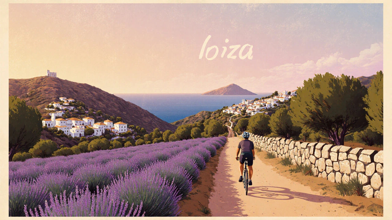 Ciclista en un camino de olivos en Ibiza, con pueblos blancos y lavanda en flor al amanecer.