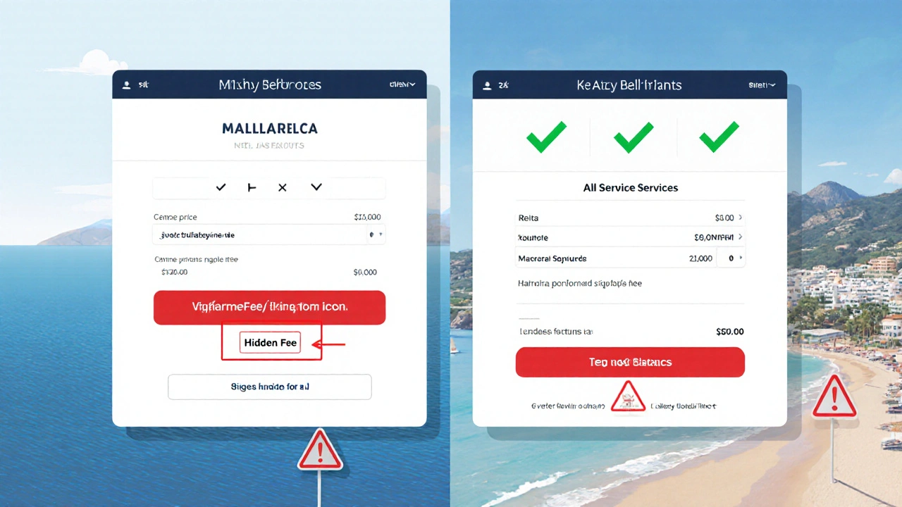 Comparación visual entre reserva con cargos ocultos y precio transparente en Mallorca.
