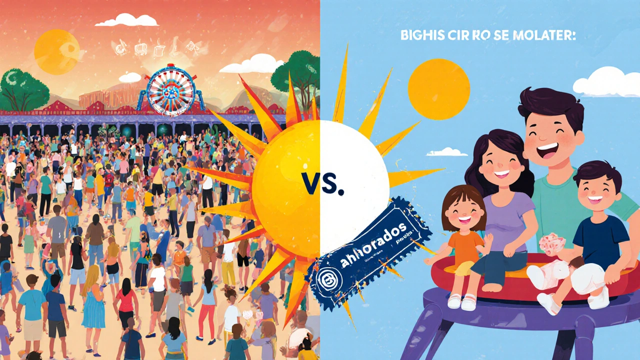 Comparación visual: lado izquierdo con mucha gente y colas, lado derecho con poca gente y ahorro de 80€.