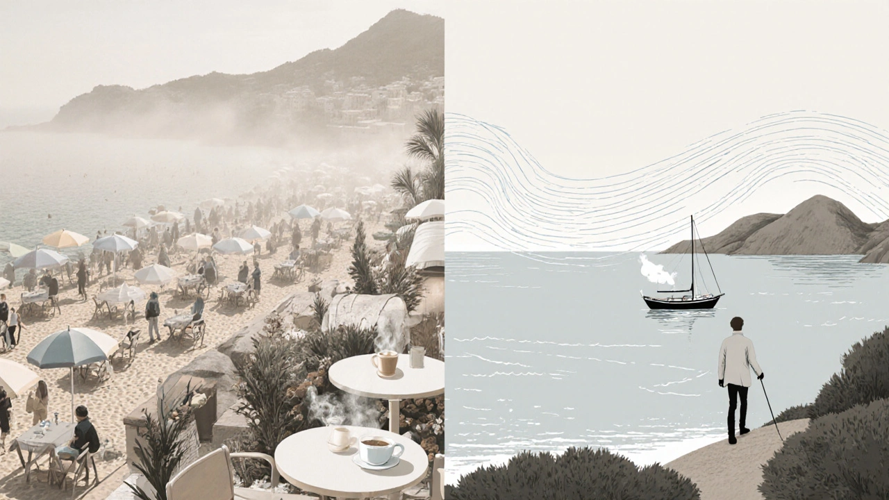 Contraste entre el verano abarrotado y el invierno tranquilo de Mallorca, con senderistas y terrazas vacías.