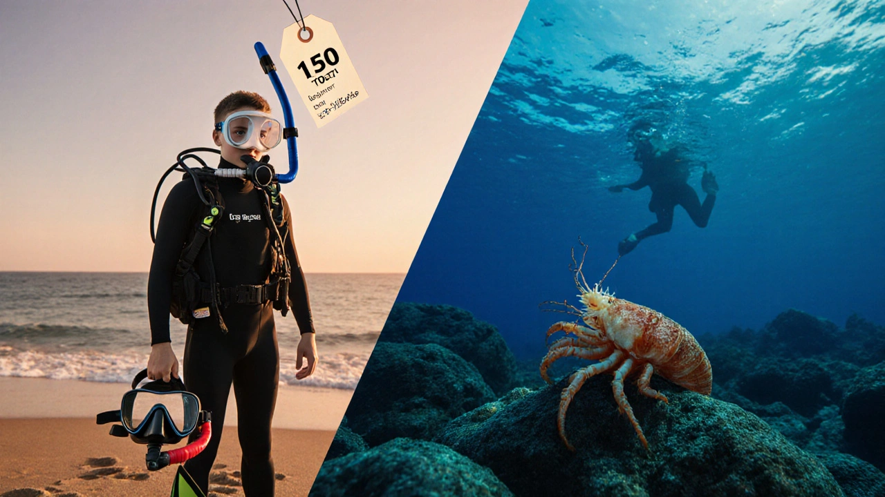 Diver con equipo básico al lado de una langosta en el fondo marino, simbolizando el inicio del buceo.