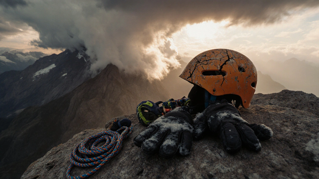 Equipo de montaña abandonado en una peña: casco, piolet y guantes helados al atardecer en los Pirineos.