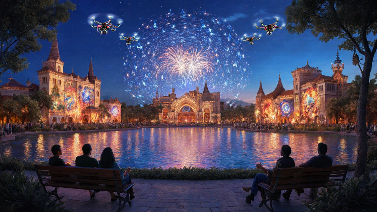 Espectáculo nocturno Fire &amp; Light en PortAventura con drones, fuegos artificiales y proyecciones en el cielo.