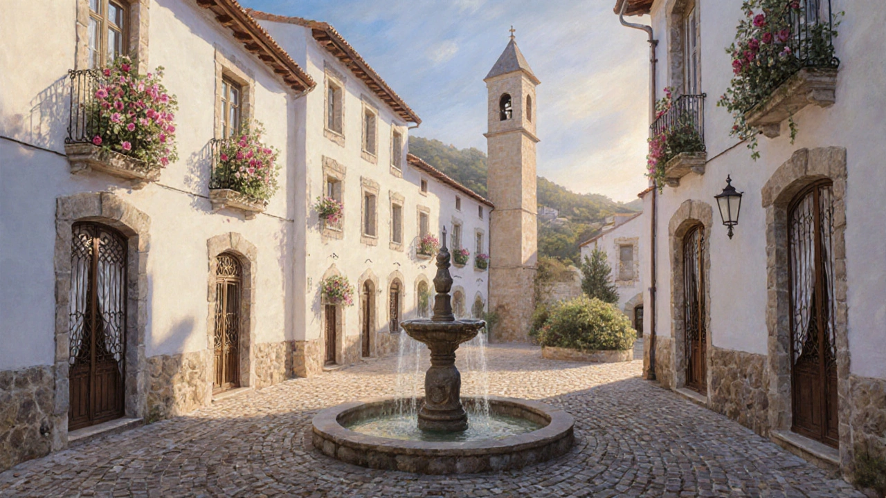 Fornalutx en primavera, casas blancas con flores, calles limpias y fuente de piedra al amanecer.