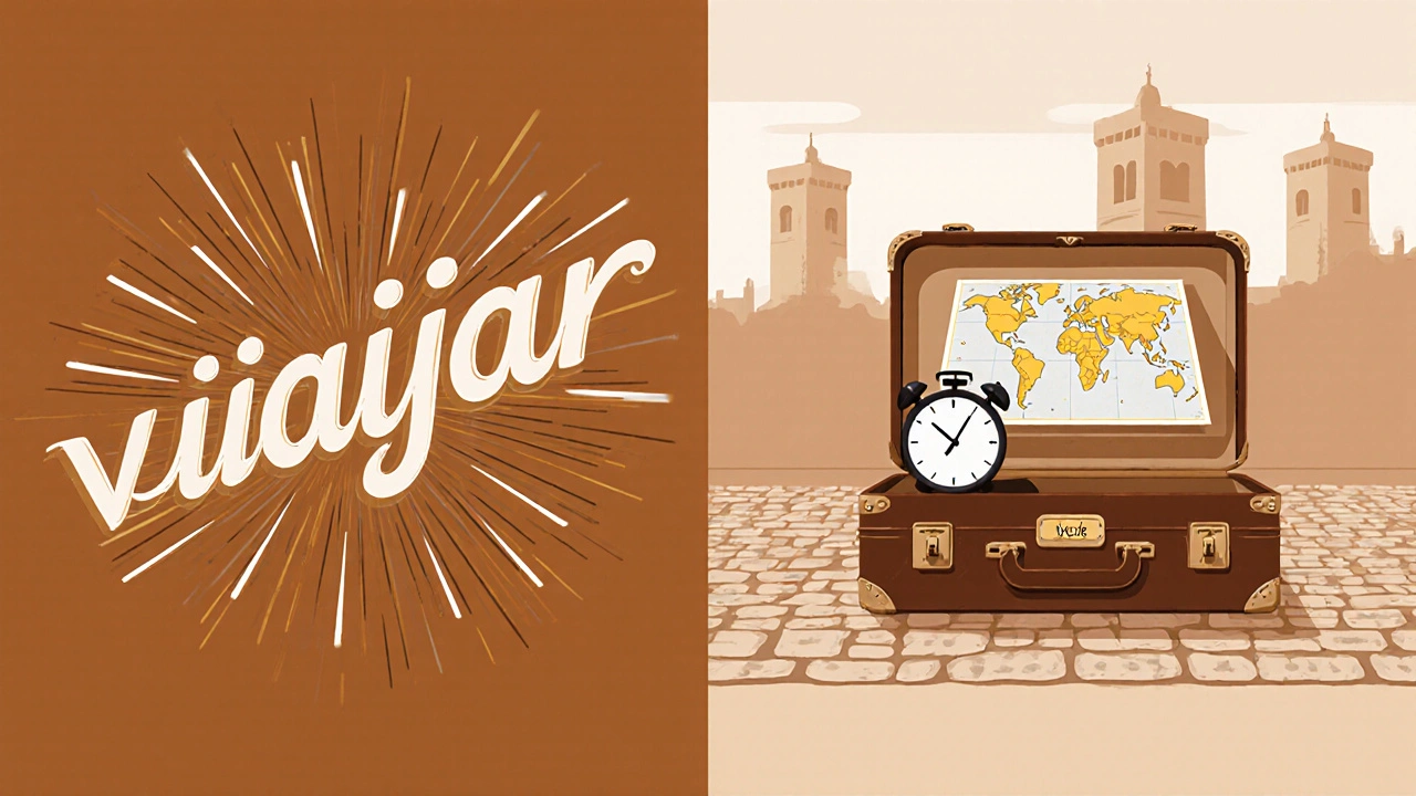 Ilustración comparativa: el verbo &#039;viajar&#039; en movimiento vs. la maleta &#039;viaje&#039; sobre piedras.