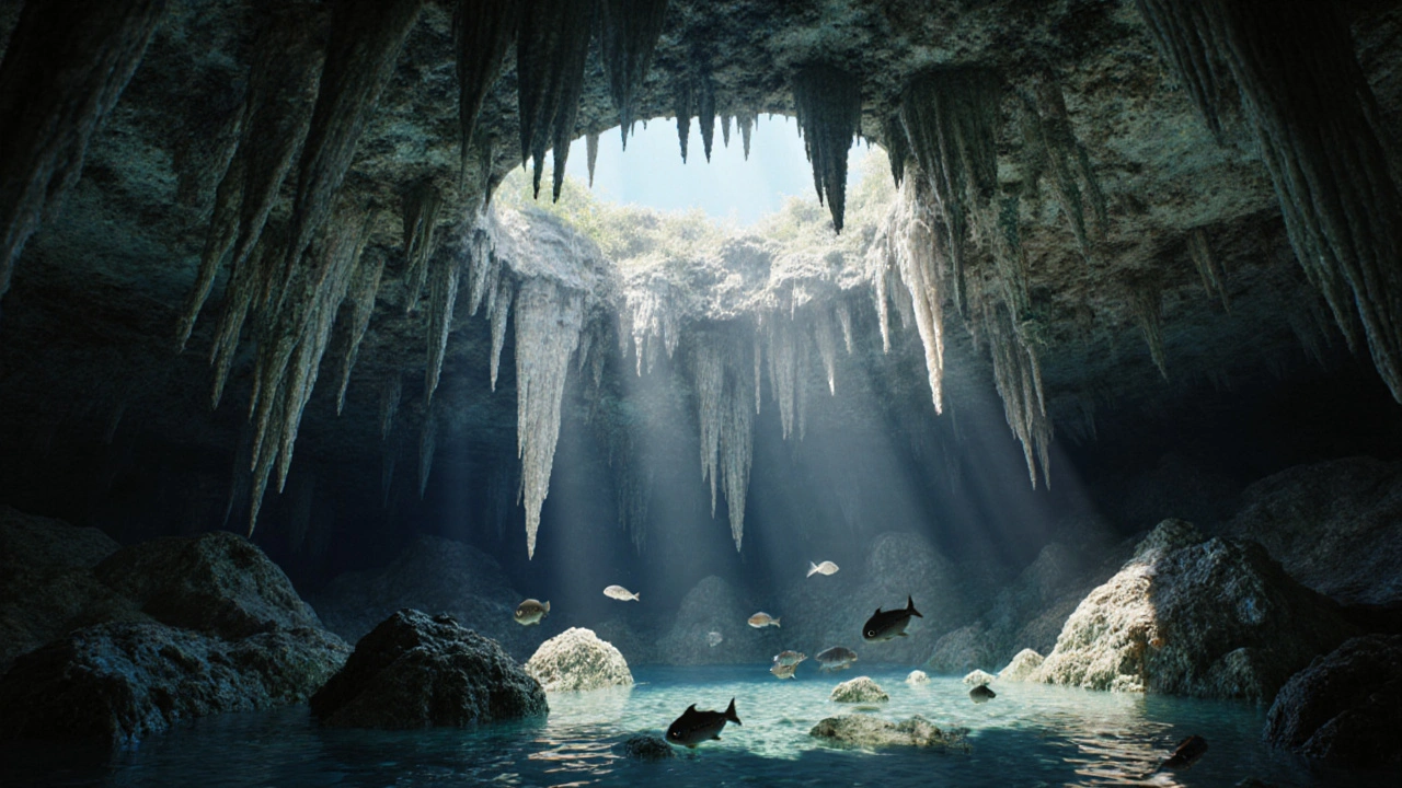 Interior de un cenote en Yucatán con rayos de luz que iluminan formaciones rocosas submarinas.