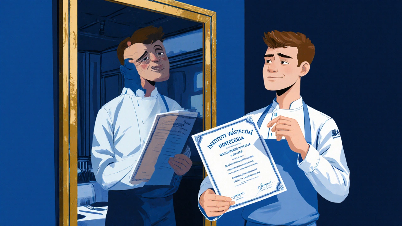 Joven con certificado de formación, reflejando su evolución de camarero a jefe de sala en un espejo.