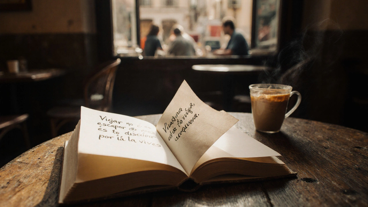 Libro abierto en una cafetería de Granada con una frase escrita a mano junto a una taza de café, luz natural suave.
