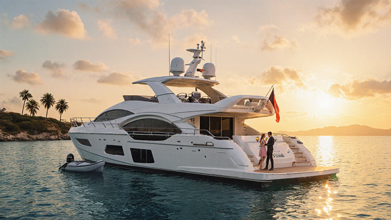 Luxury yacht at sunset anchored in a secluded cove with couple on deck.