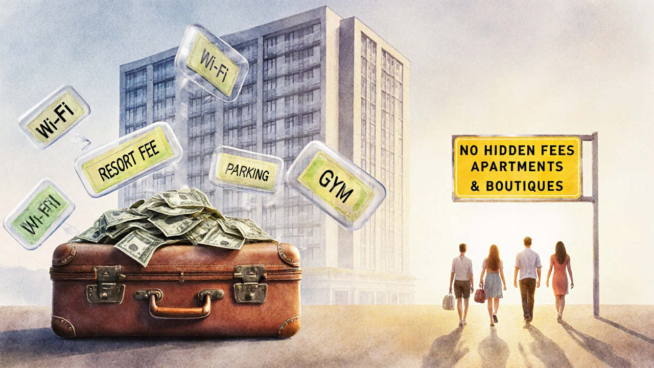 Maleta sobrecargada por cargos ocultos de hotel mientras turistas eligen opciones transparentes.