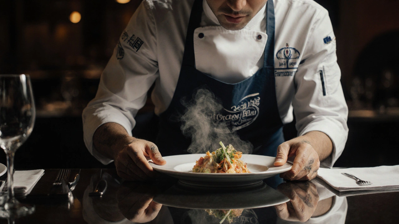 Manos de un chef colocando un plato en un restaurante de Tokio, reflejando su uniforme de Le Cordon Bleu.