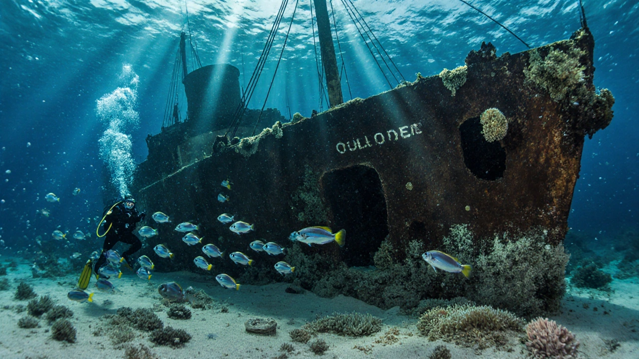 Naufragio del SS Culloden cubierto de esponjas, con cardúmenes de sargos nadando alrededor en aguas cristalinas.