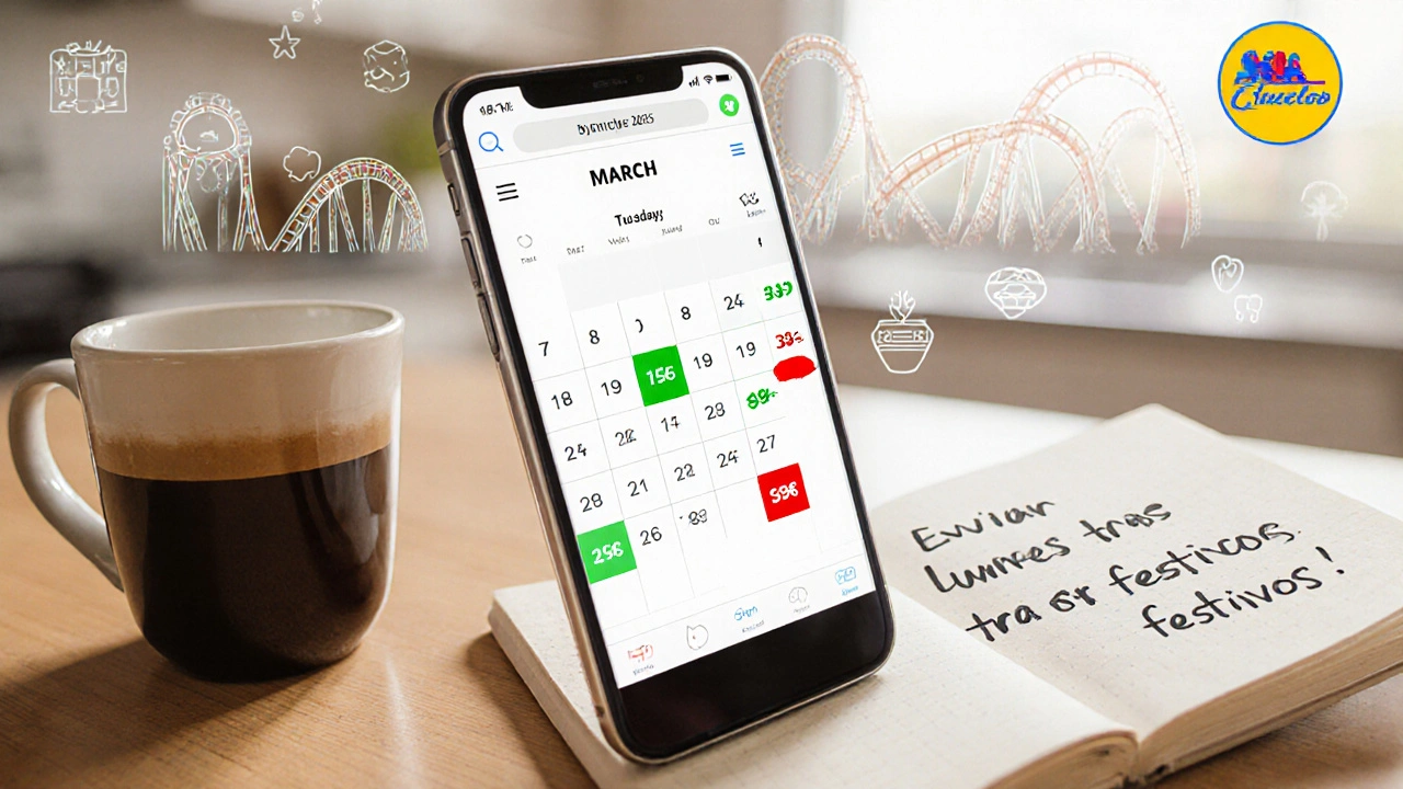 Pantalla de teléfono mostrando calendario de precios con días baratos destacados en verde y fines de semana en rojo.