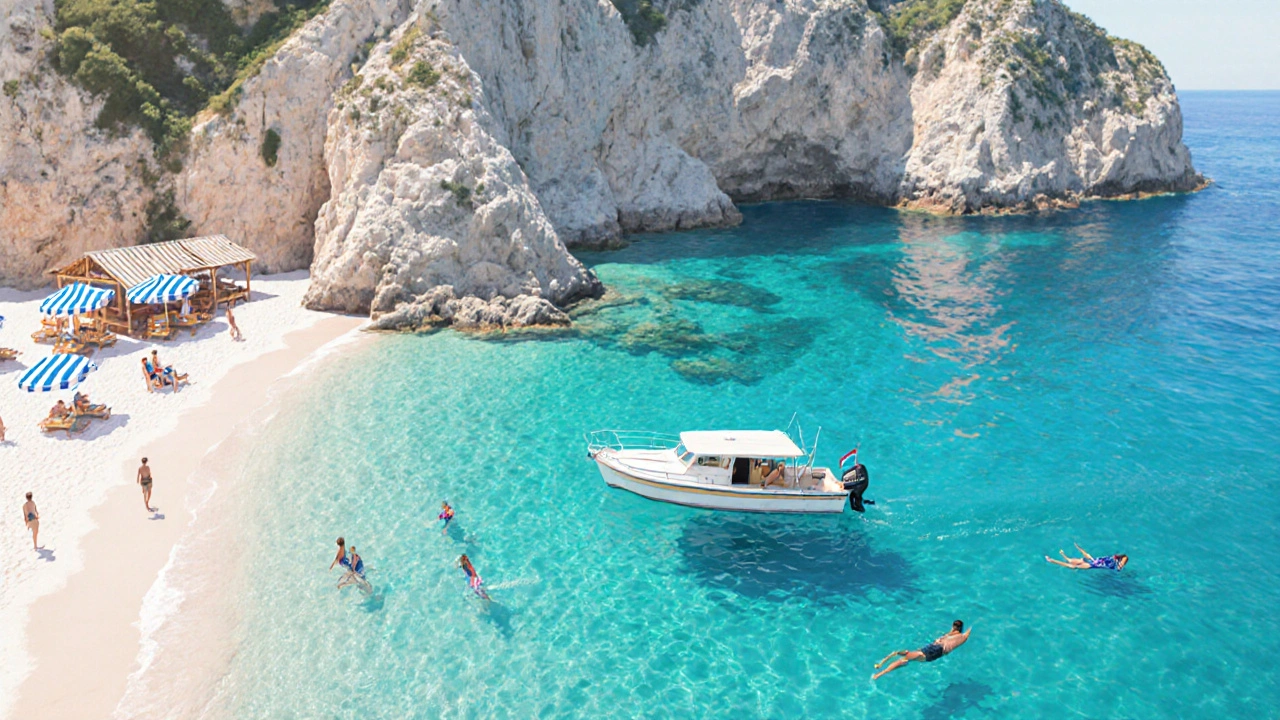 Pequeño bote en aguas turquesas cerca de Cala Comte, con playas de arena blanca y un chiringuito en la costa.