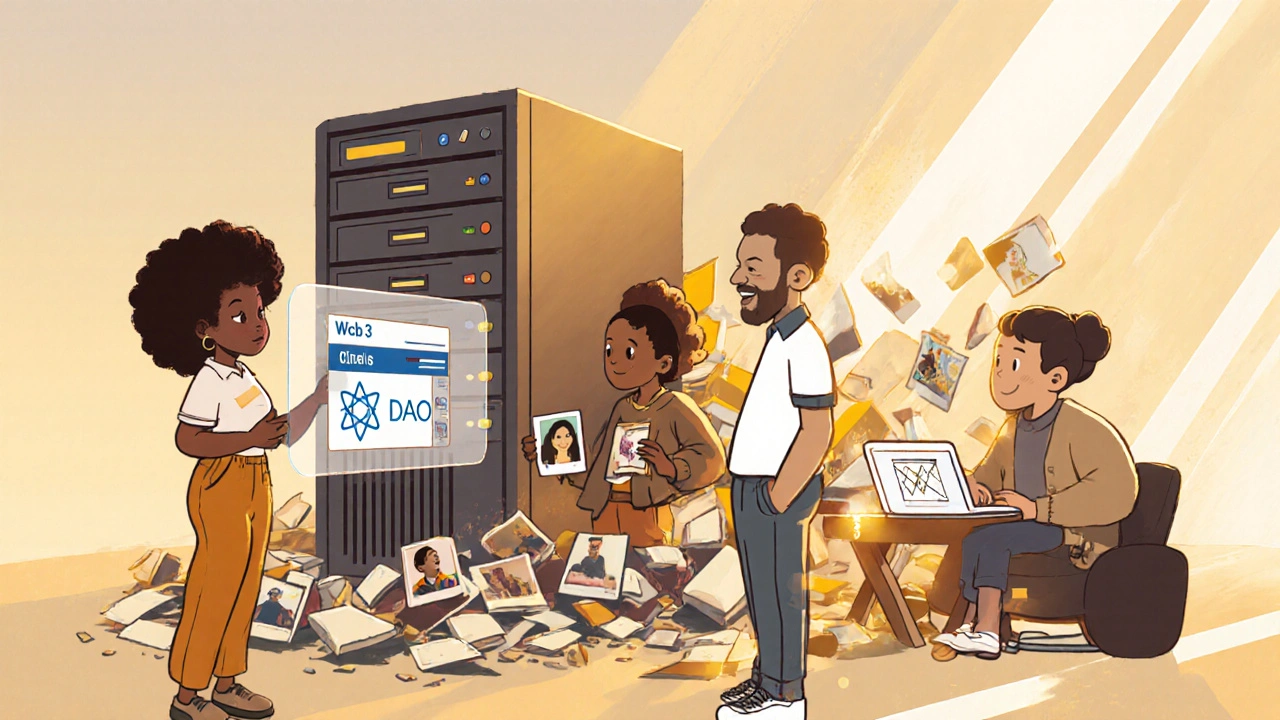 Personas interactuando con aplicaciones Web3: votando, vendiendo arte y almacenando archivos descentralizados.