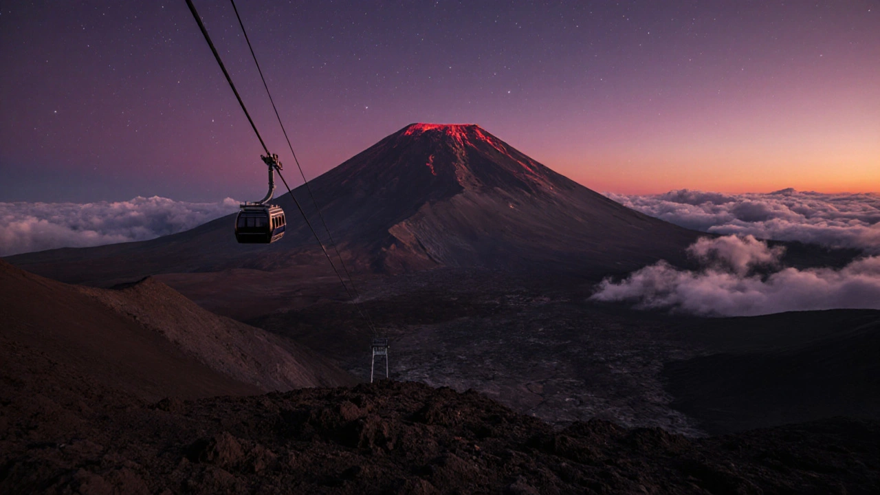 Pico del Teide al atardecer con campos de lava y cable aéreo en primer plano.